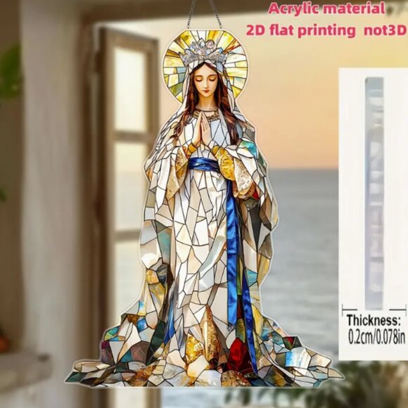 Mother Mary Virgin Mary Christian Suncatcher 2D Stained Glass Look NWT - Picture 1 of 2